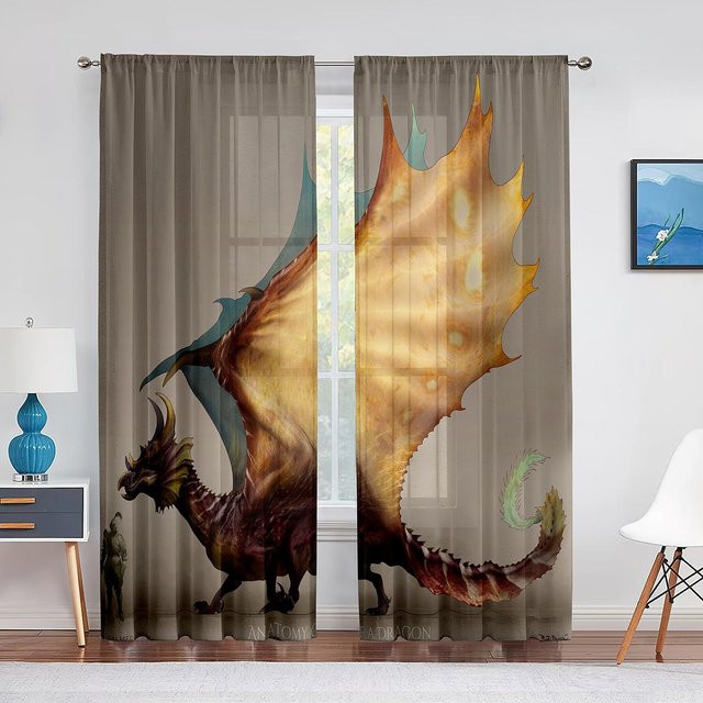 Super Six Fantasie-Drache Voile-Vorhang in Lila Nebel, transparenter Chiffon-Tüllvorhang mit Ösen für Wohnzimmer und Schlafzimmer, Breite: 100 cm, Höhe: 250 cm - Bild 1