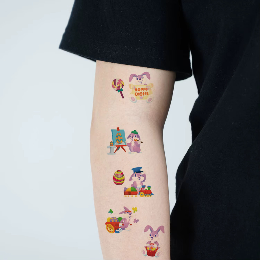 10-teiliges Set temporäre Tätowierung, Ostertag Cartoon Kaninchen und bunte Eier Muster, wasserdichte langlebige Tattoo Aufkleber - Bild 3