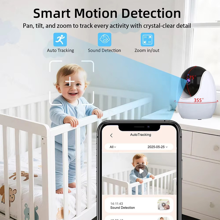 Cdycam WiFi Babyphone mit 4,3-Zoll-Display und App-Steuerung, 1080P Nachtsicht, PTZ Kamera in Weiß - Bild 2