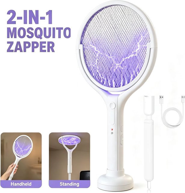 Fomyheard 4-in-1 Elektrische Mückenlampe in Weiß, Teleskopisch und Klappbar, UV-Insektenfalle mit 3000V und 1800mAh Akku, USB-C Aufladbar, für Innen und Außen - Bild 1