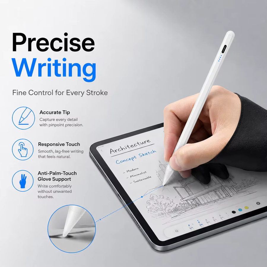 Qukam Universeller Magnetischer Stylus-Stift mit 4 LED-Batterieanzeigern und Typ-C für iOS, Android und Windows Tablets, Handschuhkompatibel inklusive 2 Ersatzspitzen - Bild 3