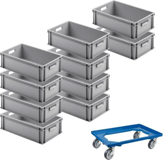 PROREGAL SparSet mit 10 Eurobehältern mit offenem Griff und 1 Transportroller, Blau, H x B x T: 17,5 x 40 x 60 cm - Bild 1