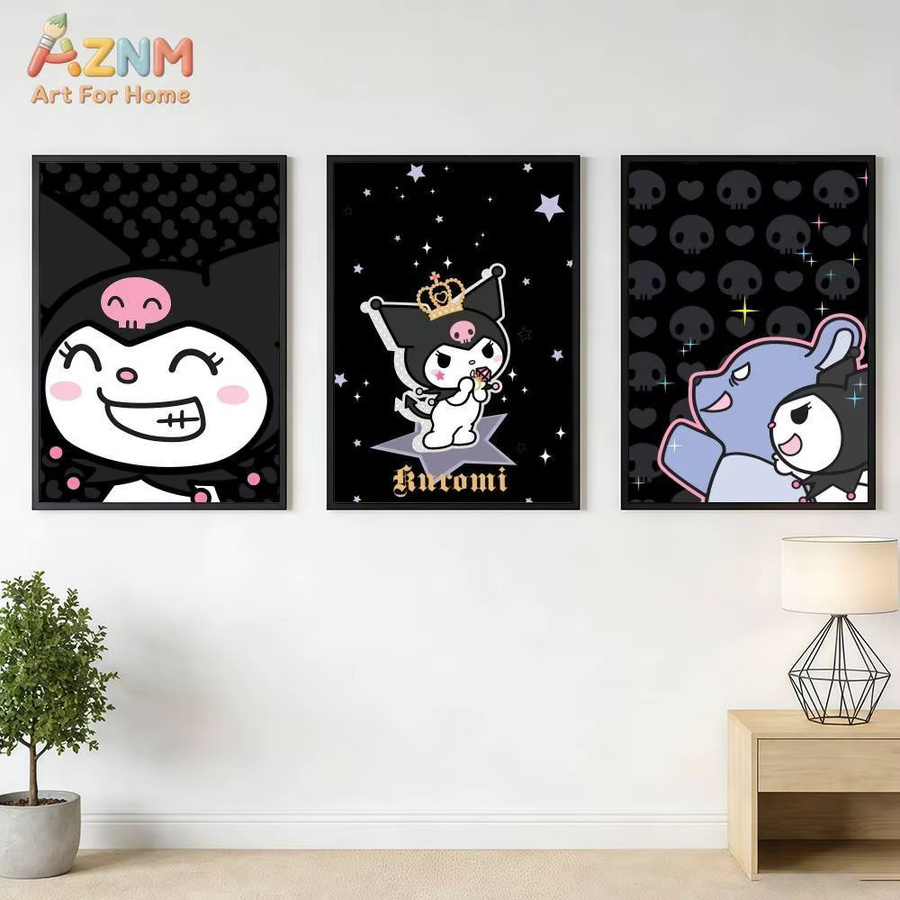 AZNM Kuromi Sanrio Leinwand-Wandkunst, Kawaii Cartoon-Charakter mit schwarzem Herz-Schädel-Motiv, ungerahmtes Leinwandgemälde in Schwarz und Multicolour - Bild 3