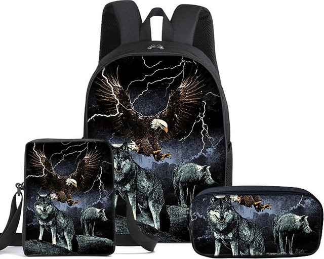 VINKA 3-teiliges Set Kinderrucksack mit Umhängetasche und Federmäppchen in Schwarz mit Wolf-Design - Bild 1