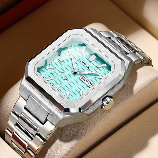 CRRJU Armbanduhr Edelstahl, Quarz, eckig, Grün, Silber, Herren - Bild 1