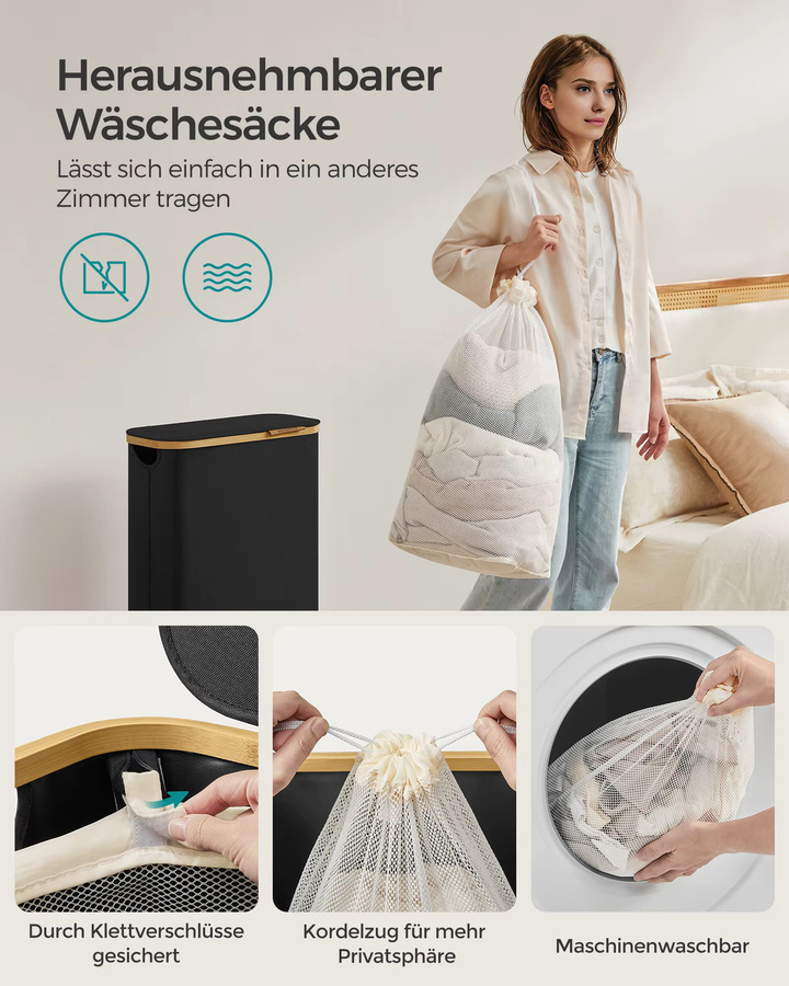 SONGMICS Wäschekorb mit Deckel in Schwarz, 65 l Wäschesammler aus Oxford-Gewebe mit herausnehmbarem Wäschesack und Griffen aus Bambus, zusammenklappbar - Bild 4