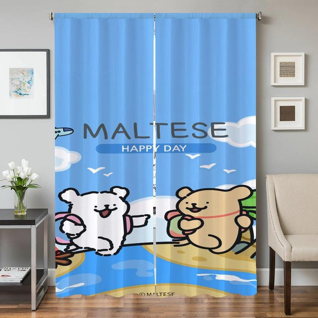 Household supplies MH Küchenvorhänge mit Malteser Hund Motiv, 2er-Set, Blau, semi-transparent, Breite: 50 cm, Höhe: 70 cm - Bild 1