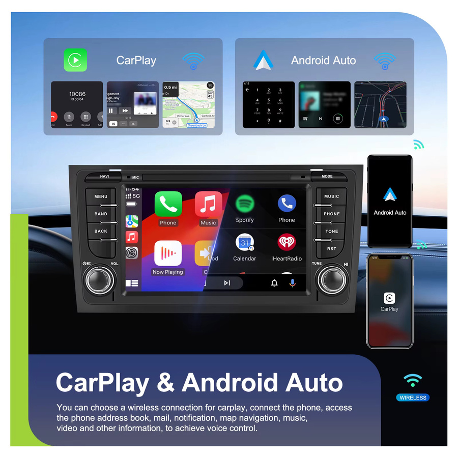 Podofo Android Autoradio mit 7 Zoll Display, 4G+64G, für Audi A6 C5 1997-2004, S6 1999-2004 und RS6 2002-2006, inklusive kabellosem CarPlay, Android Auto, GPS-Navigation, WLAN und Bluetooth, Schwarz - Bild 4
