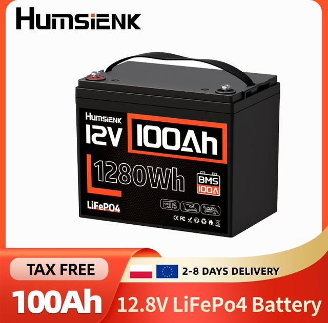 Humsienk 12V 100Ah LiFePO4 Lithium-Batterie Gruppe 24 Deep Cycle mit Smart 100A BMS und Niedertemperatur-Schutz in Schwarz - Bild 1
