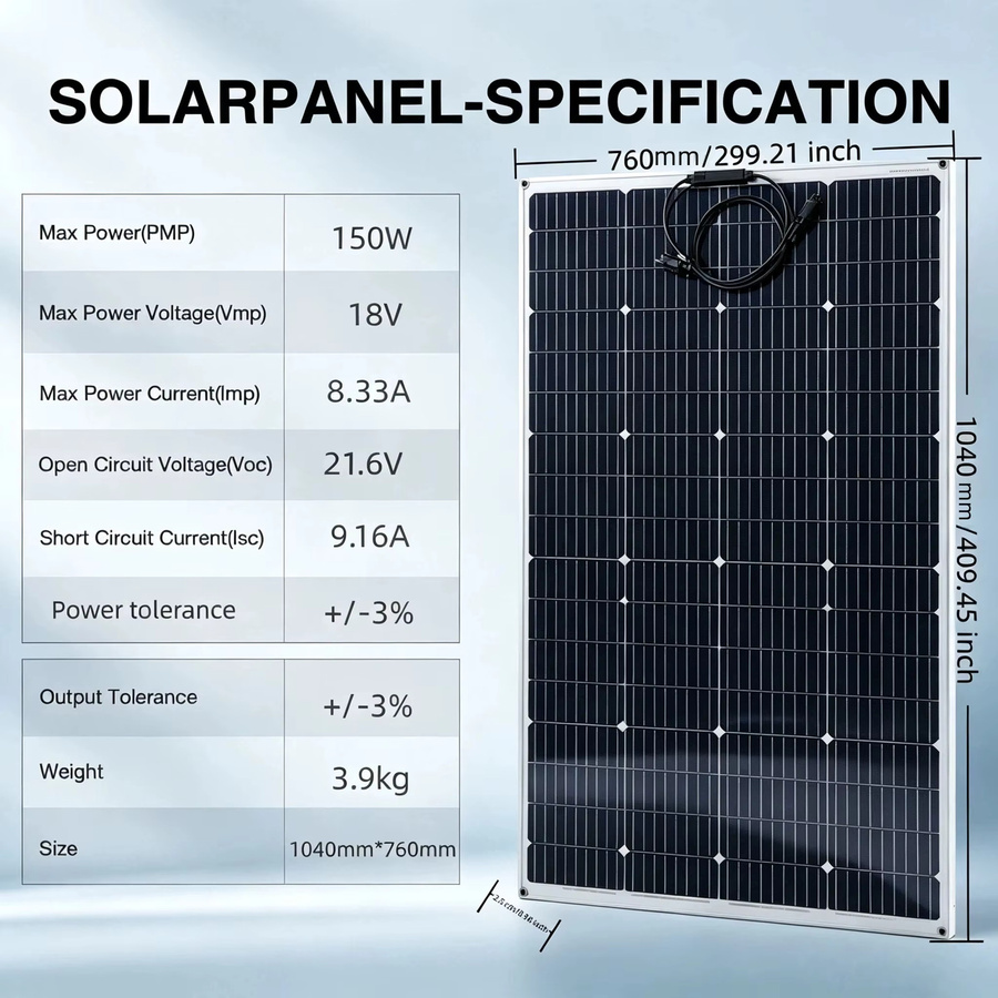 JINGYANGPV 150W Flexibles Monokristallines Solarpanel 12V, Biegbares PET Wasserdichtes Solarladegerät in Schwarz für Wohnwagen, Reisemobil, Boot und Camping - Bild 2