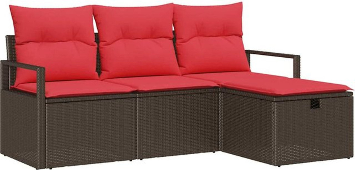 vidaXL Loungemöbel Sofa Set aus Polyrattan mit 4 Kissen in Braun und Rot - Bild 1