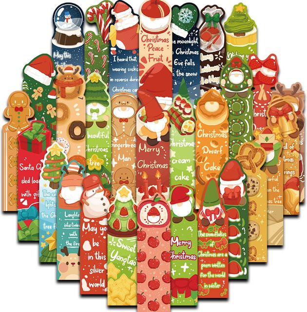 30 Stück Weihnachts-Lesezeichen Set mit Alien, Weihnachtsbaumglocken und Schneemann in Multicolor aus Papier - Bild 1