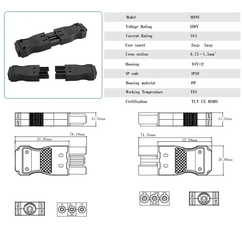 DIVEDEER Docking Terminal M896 M898 Flache Stecker Set 2Pin und 3Pin Schwarz 16A 500V AC/DC - Bild 3