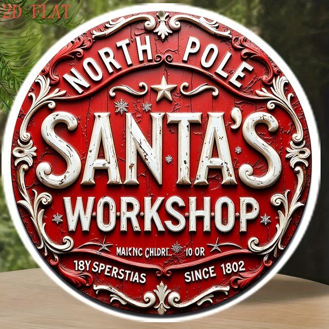 Potdemiel Vintage Santa's Workshop Metall-Wanddekoration für Weihnachten, rund, Durchmesser: 20,3 cm, rot und weiß - Bild 1