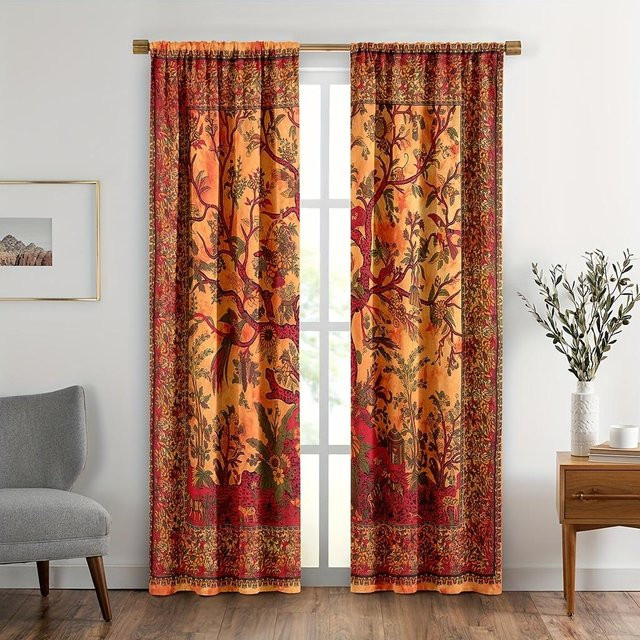 2-teiliges Boho-Vorhangset von Yiran Furniture mit geometrischem Muster in Multicolour, lichtfilternd und semi-transparent, Breite: 75 cm, Höhe: 166 cm - Bild 1