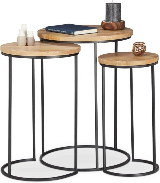 Relaxdays Beistelltisch 3er Set aus Mangoholz und Eisen in Schwarz - Bild 1