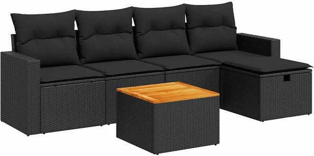 vidaXL 6-teilige Garten-Sofagarnitur aus Poly-Rattan und Akazienholz in Schwarz mit Kissen - Bild 1