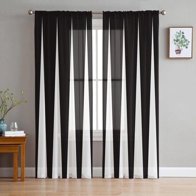 Your Warm Home Transparent Tüll-Vorhang mit schwarz-weiß gestreiften Mustern, Breite: 135 cm, Höhe: 114 cm - Bild 1