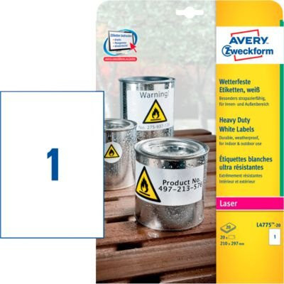 Avery Zweckform L4775-20 Wetterfeste Polyester-Folienetiketten für Laser, Weiß, 20 Stück, A4 - Bild 2