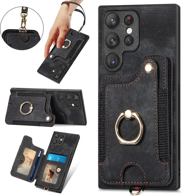 Leder Handyhülle mit Ringhalter und Kartenfach für Samsung Galaxy S24 S23 S22 S21 S20 Ultra Plus FE A54 A53 A34 A14 in Grau - Bild 1