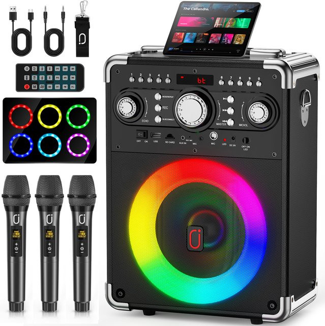 FanFun S8-T Karaoke-Maschine mit 3 kabellosen Mikrofonen, Bluetooth Karaoke-Lautsprecher und tragbares PA-System in Schwarz - Bild 1
