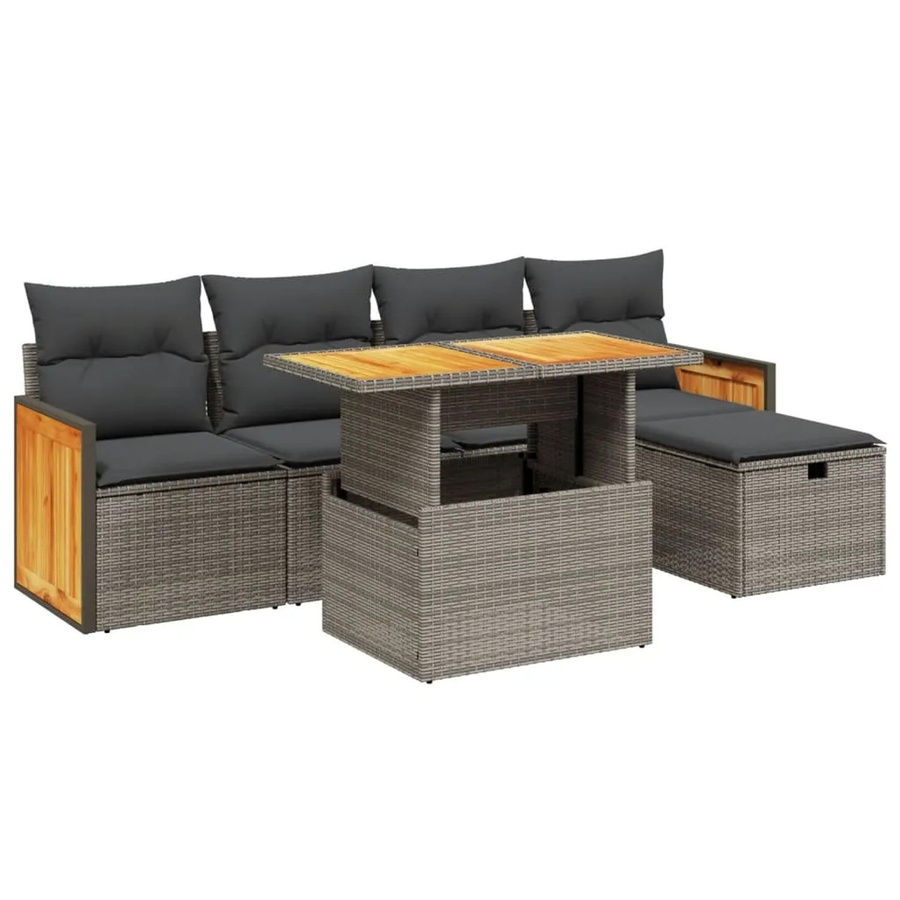 vidaXL 6-teilige Garten-Sofagarnitur in L-Form mit Kissen und Couchtisch, Grau, Poly Rattan und Akazienholz - Bild 2