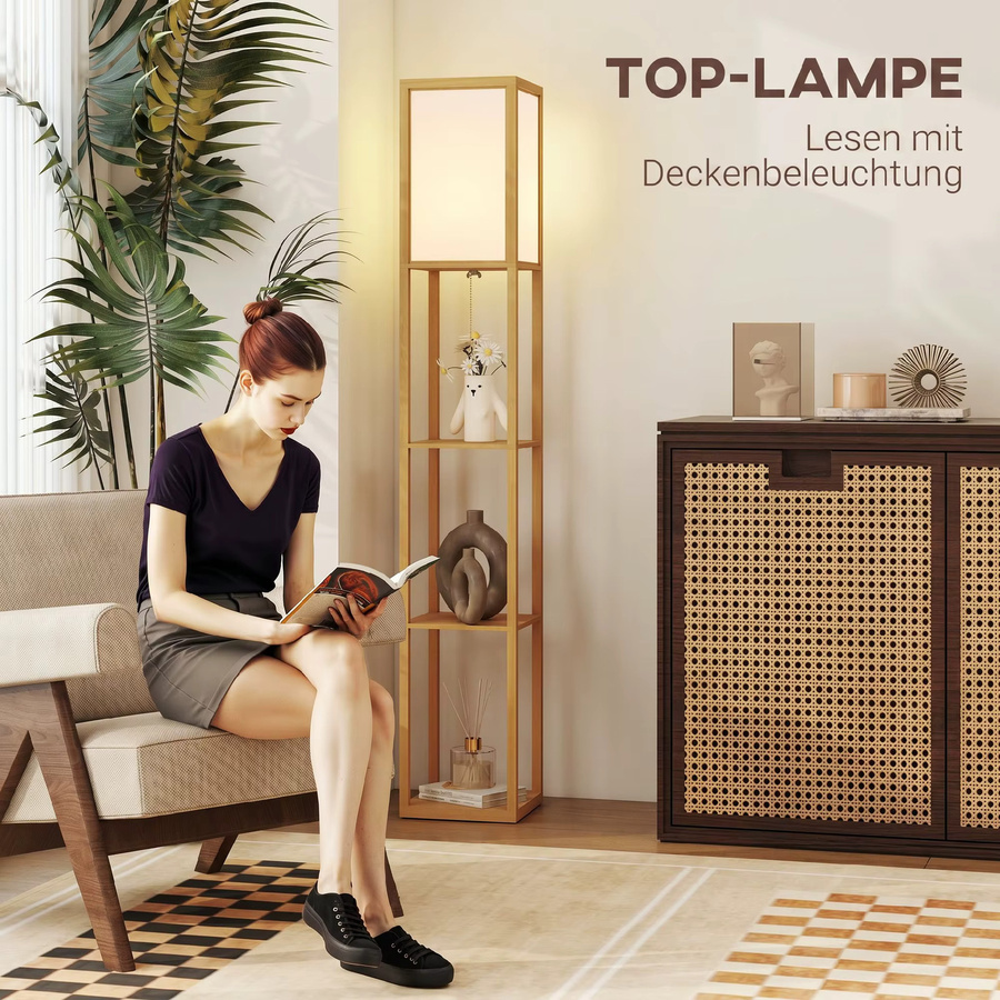 HOMCOM Stehlampe mit Regalen in Rotbuche, Stehleuchte mit Acryl-Lampenschirm und E27 Fassung, Standlampe für Wohnzimmer, Schlafzimmer oder Büro, Höhe: 160 cm, Breite: 26 cm, Tiefe: 26 cm - Bild 3