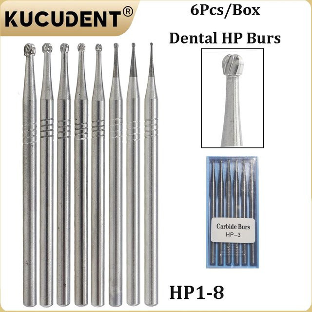 KUCUDENT 6er Set Dental-Wolframkarbid-Bohrer HP-Serie mit rundem Kopf, Farbe Silber, Schaftdurchmesser: 2,35 mm - Bild 1