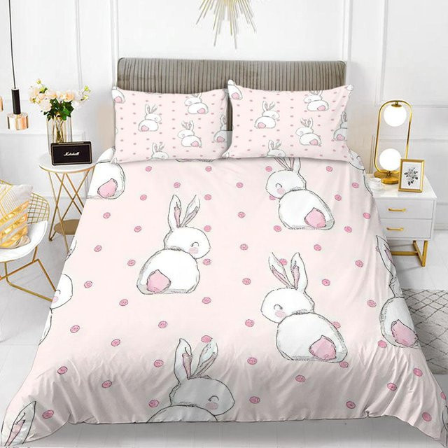 Bettwäsche Set Kaninchen Cartoon 3D Druck Rosa von Your Warm Home, bestehend aus 1x Bettbezug und 2x Kissenbezügen aus Polyester für Kinder und Mädchen, Farbe: Rosa, Kissenbezug: 50 x 70 cm - Bild 1