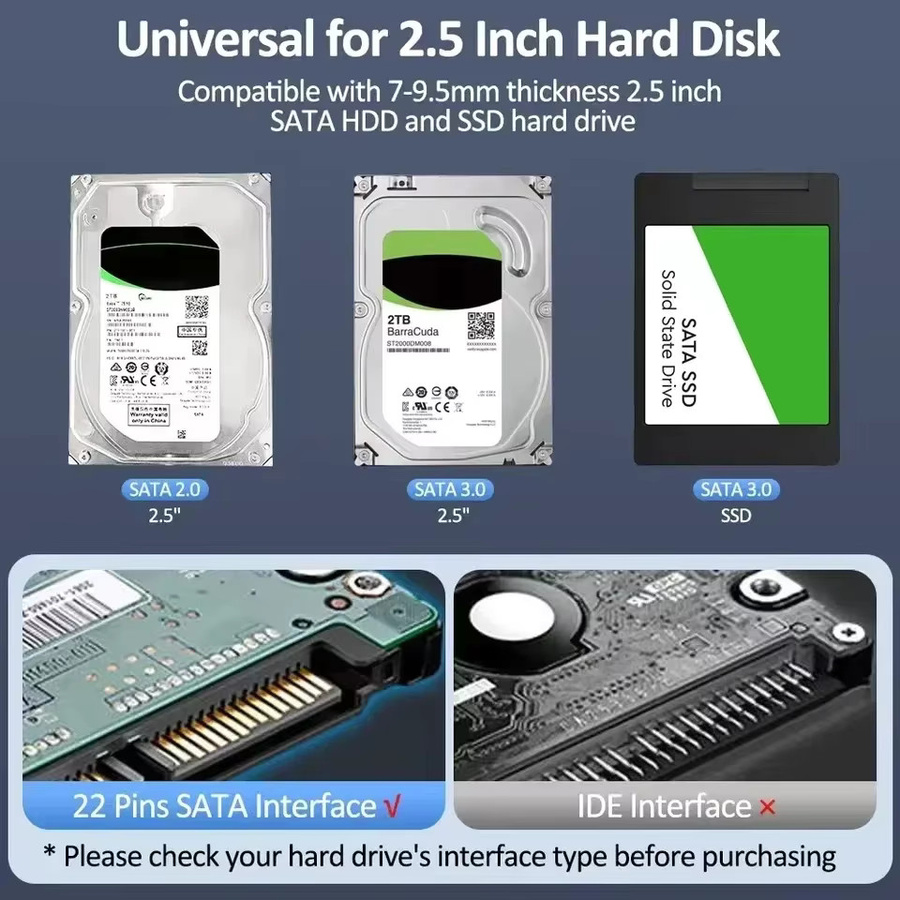 Congdi Externes 2,5 Zoll SATA Festplattengehäuse mit USB 3.0 und USB-C, UASP Unterstützung, Transparent, werkzeuglose Montage - Bild 3