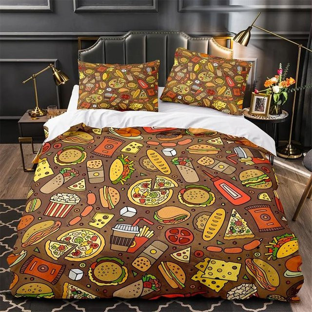 Bettwäsche-Set Wucifang Bags mit Cartoon-Essen-Motiv, Leckerer Kuchen und Fast-Food-Design, Polyester, Mehrfarbig, B/H: 135 x 200 cm - Bild 1
