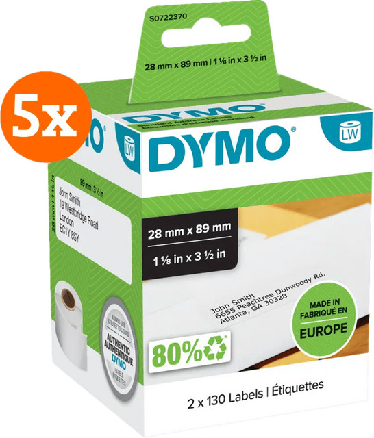 DYMO LabelWriter Adressetiketten in Weiß, 260 Stück pro Packung, 5er-Pack, Format: 28 x 89 mm - Bild 1