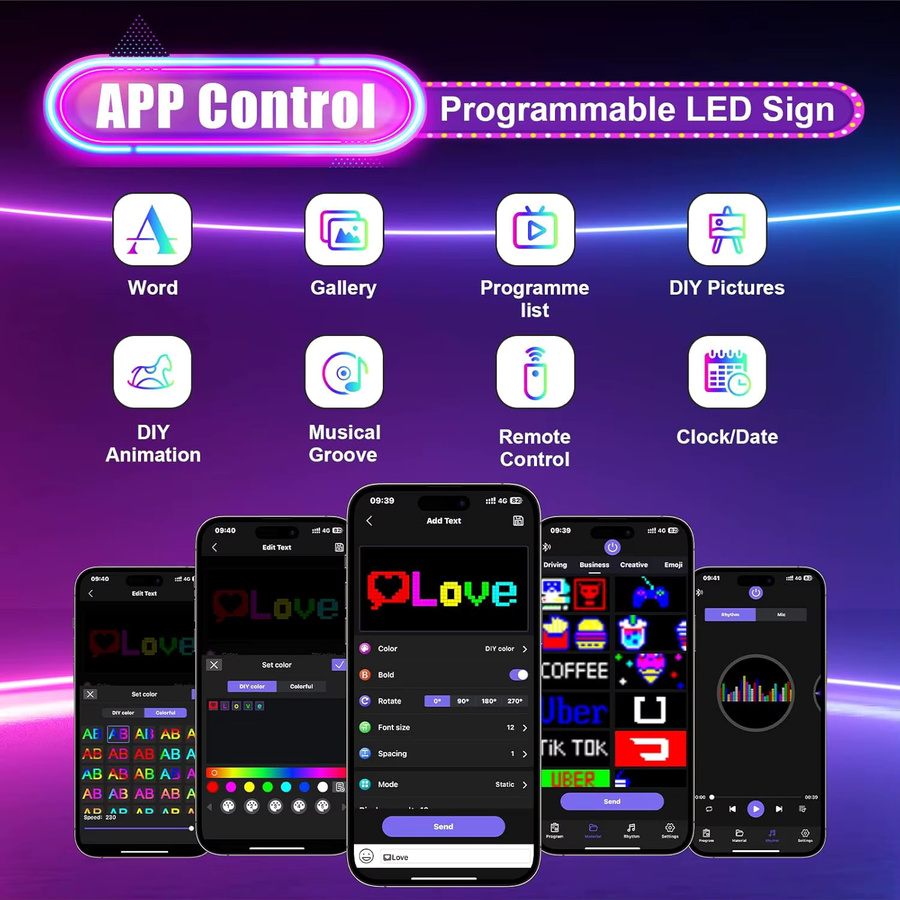 Programmierbares Doppelreihiges LED-Matrix-Schild in Schwarz mit App-Steuerung und RGB-Multicolor-Anzeige für Auto- und Ladenwerbung - Bild 2