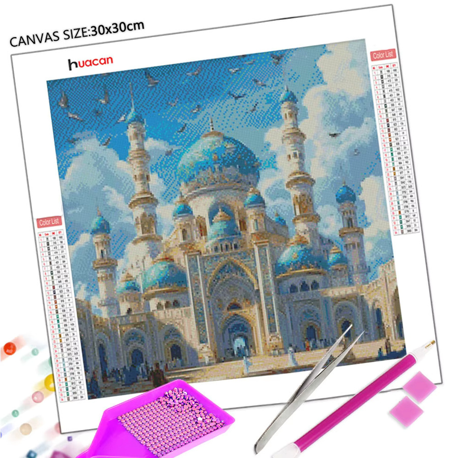 Huacan Diamant-Stickerei Set mit Fantasie-Schloss Landschaft in Multicolour, Vollquadrat Runddiamant-Malerei als handgefertigtes Kunsthandwerk, B/T/H: 20 x 20 x 20 cm - Bild 2