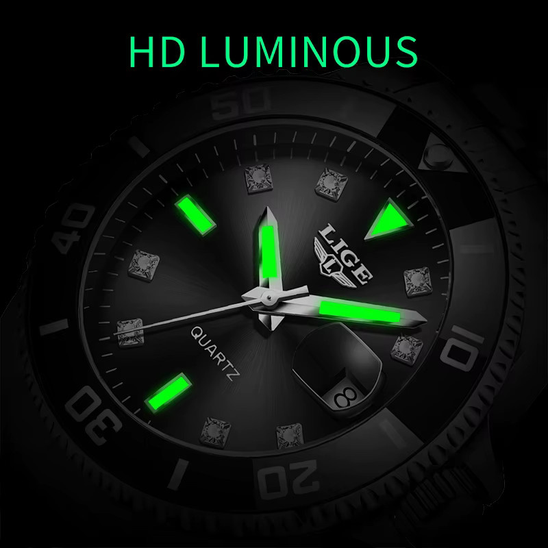 LIGE Armbanduhr Quarz, Edelstahl, Schwarz, Silber, Herren - Bild 5
