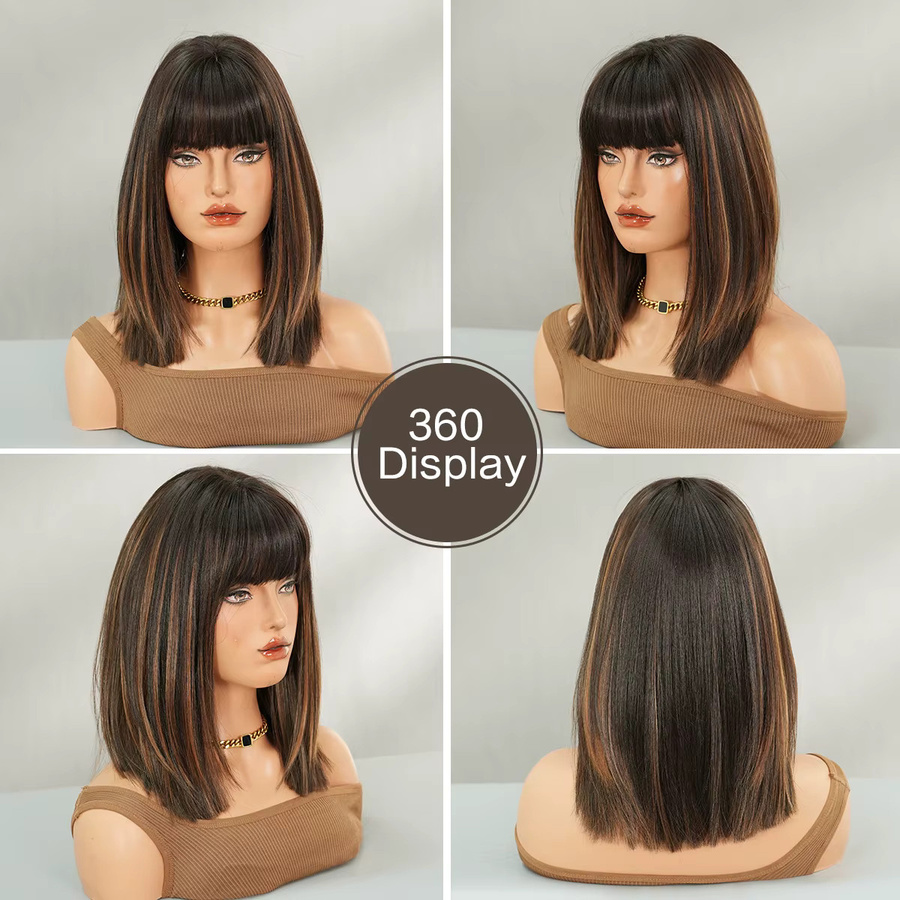 7JHH WIGS Perücke für Damen, schulterlang, gerade, schwarz, goldene Highlights, synthetisch - Bild 3