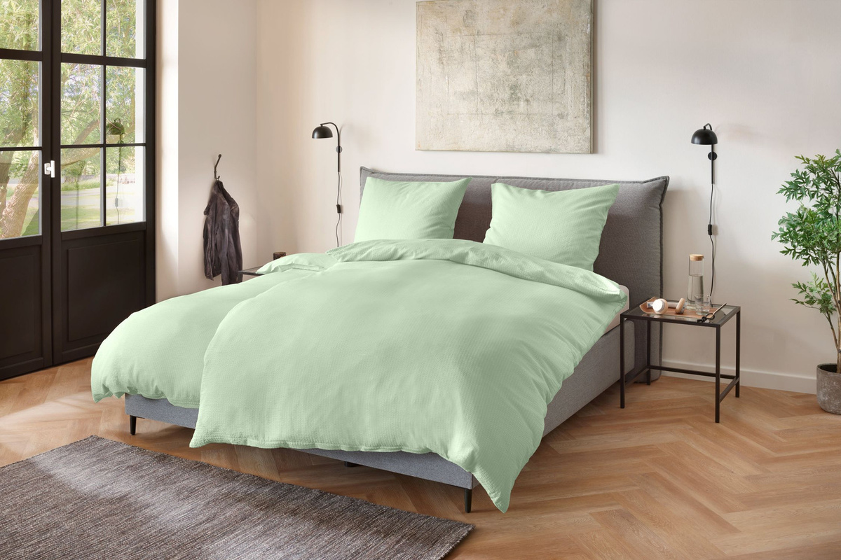 Primera Soft-Seersucker Bettwäsche aus Baumwolle in Grün, Set bestehend aus Bettbezug und Kissenbezug, B/H: 135 x 200 cm und 80 x 80 cm - Bild 1