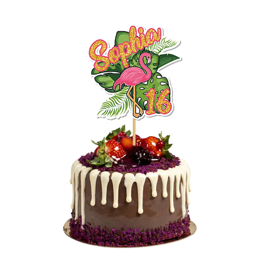 Personalisierter Kuchenaufsatz im Sommer-Flamingo-Design mit grünem Pflanzen-Motiv, individueller Name und Alter, tropische Hawaii-Tortendekoration, grün und mehrfarbig - Bild 4