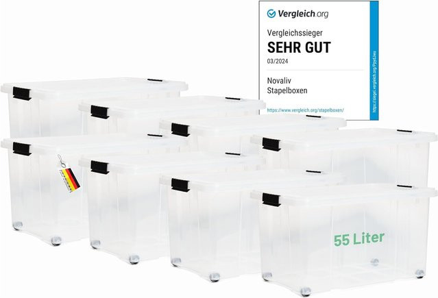 Novaliv 8er Set Aufbewahrungsboxen mit Deckel und Rollen, transparent, 55l, B/T/H: 61 x 40 x 32,5 cm - Bild 1