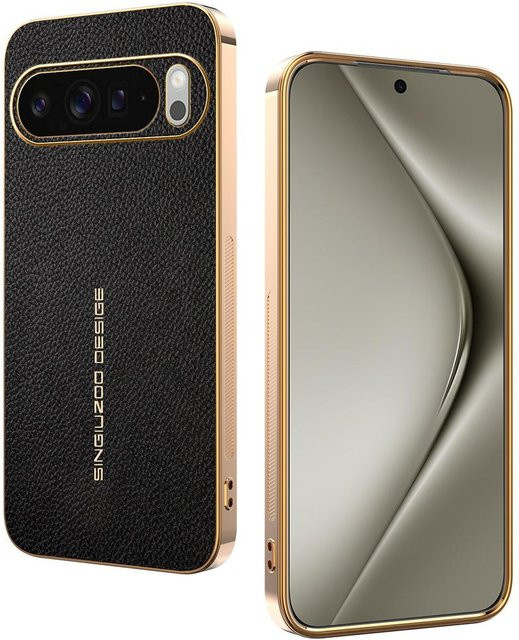 Schutzhülle aus Lychee-Leder mit Galvanik-Rahmen für Google Pixel 10 Pro XL, 9 Pro, 8 Pro, 7 Pro, 6 Pro in Schwarz - Bild 1