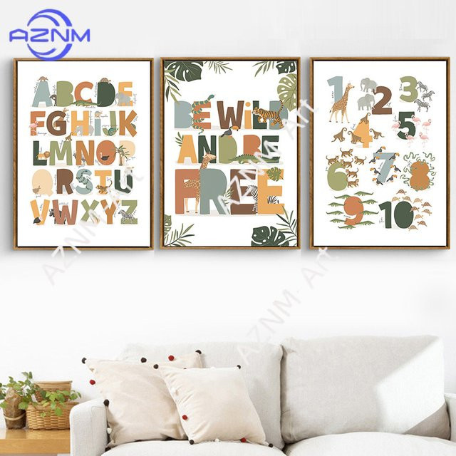 Potdemiel Personalisierte Namensposter mit Löwe und Zebra als Leinwandbilder für das Kinderzimmer, Dschungeltiere Wandkunst mit Alphabet und Zahlen, Mehrfarbig - Bild 1