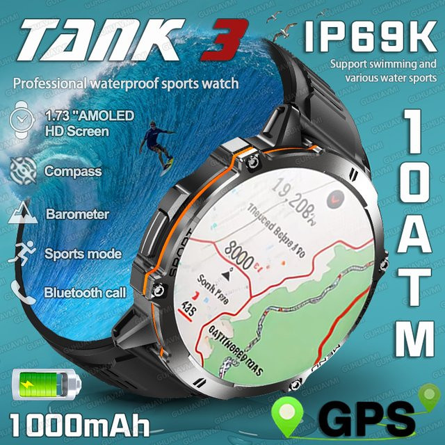 GUHUAVMI Smartwatch TANK 3, Schwarz, Silikon, 10 ATM, Herren - Bild 1