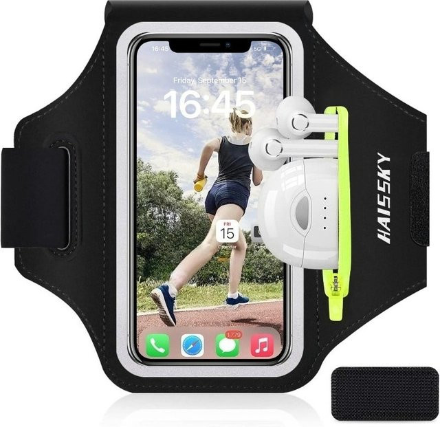 HAISSKY Laufsport-Armband in Schwarz mit Reißverschlusstasche für iPhone und Kopfhörer - Bild 1