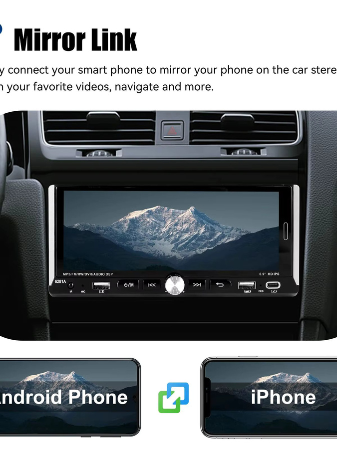 ESSGOO Android 15 Autoradio mit 6,9 Zoll Touchscreen, 4+64 GB, 1 DIN, kabelloses CarPlay, Android Auto, Bluetooth, GPS, WiFi und Lenkradsteuerung in Schwarz - Bild 6