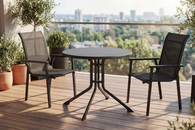 Kettler BasicPlus Pro Balkon-Set in Anthrazit mit rundem Tisch und 2 Stapelsesseln, Durchmesser Tisch: 70 cm - Bild 1
