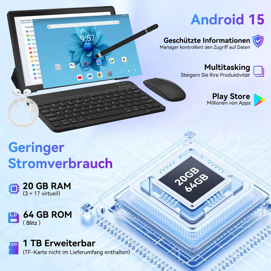 URAO Android 15 Tablet mit 10 Zoll HD IPS Touchscreen, 20GB RAM, 64GB ROM, Schwarz - Bild 3