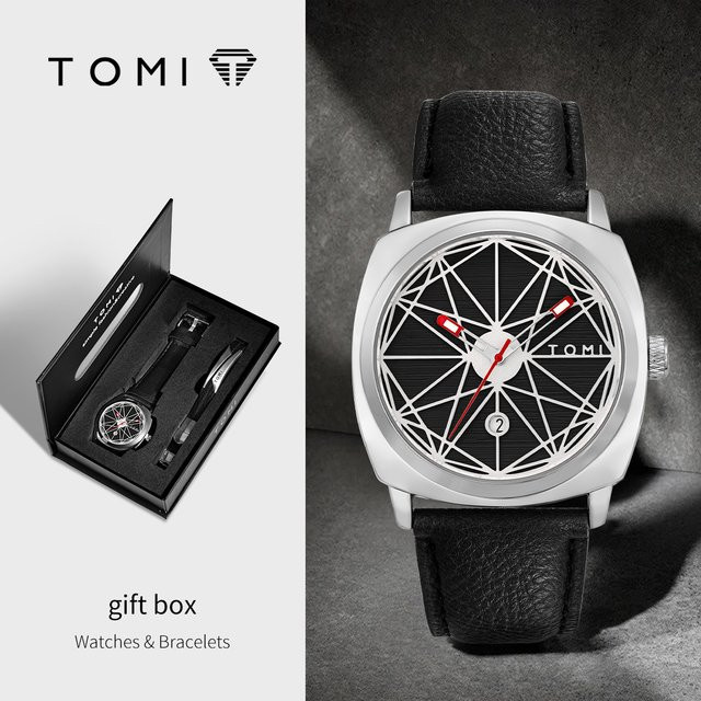 TOMI Armbanduhr Set, Quarzuhr, Edelstahl, Leder, Schwarz, Herren - Bild 1