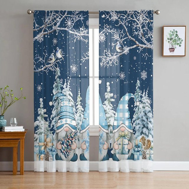 Transparente Weihnachts-Vorhänge mit Schneeflocken und Wichtel-Motiv in Blau, Tüll Voile Dekoration für Wohnzimmer und Küche, Breite: 135 cm, Höhe: 115 cm - Bild 1