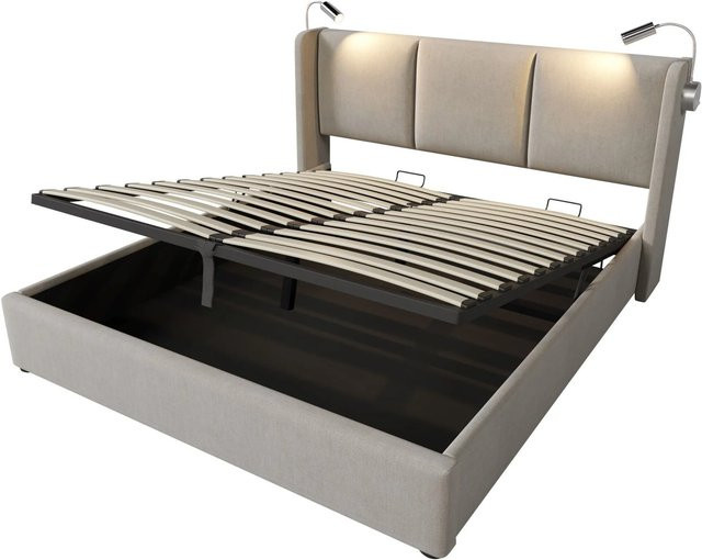 Merax Polsterbett mit Stauraum und USB-Anschluss, Leinen, B/T/H: 160 x 200 x 107 cm (Höhe: 165 cm) - Bild 1