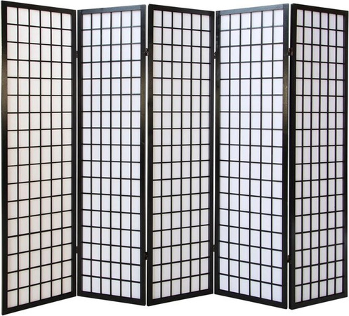 Homestyle4u Shoji Paravent aus Holz und Reispapier, 5-teilig, Schwarz, B: 220 cm, H: 175 cm